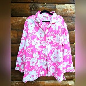 Victoria's Secret Hibiscus Floral Pink & White Flannel L/S Pajama Button up Top